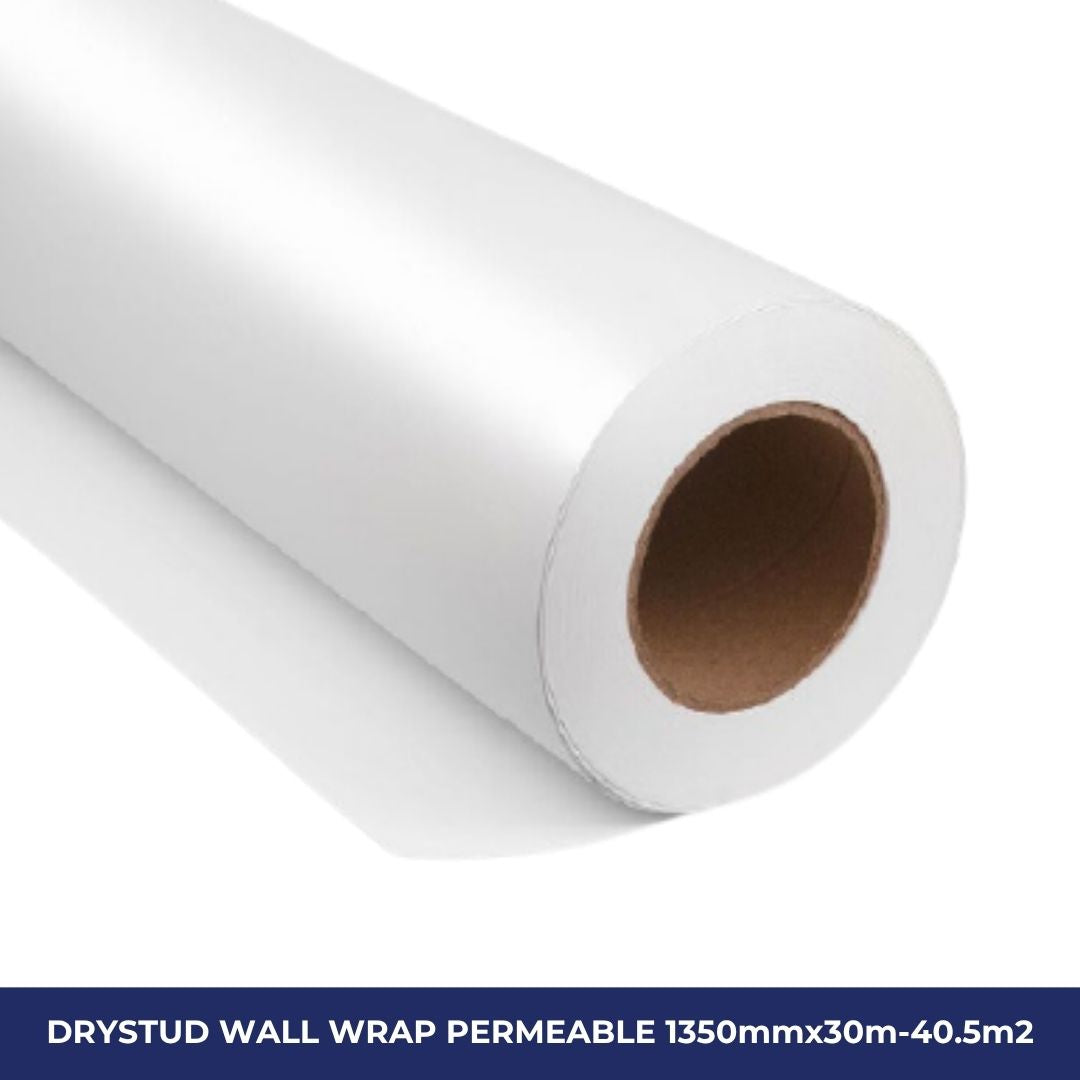 Roll of Drystud permeable wall wrap insulation membrane, measuring 1350mm x 30m with 40.5m² coverage, designed to provide breathable moisture protection for wall systems.