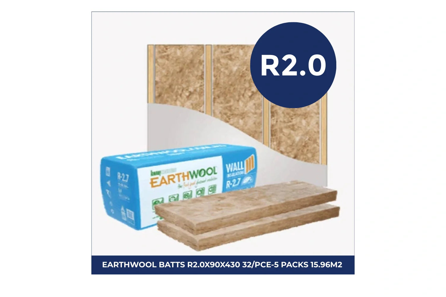 Pack of Knauf Earthwool insulation batts with R2.0 thermal rating, measuring 90mm x 430mm, 32 pieces per pack, 5 packs total covering 15.96m², designed for ceiling insulation in residential and commercial applications