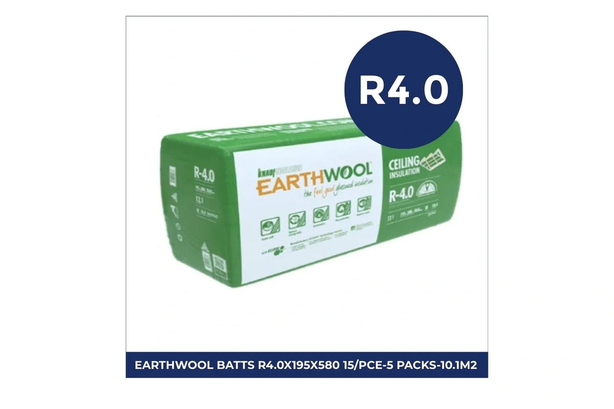 Pack of Knauf Earthwool insulation batts with R4.0 thermal rating, measuring 195mm x 580mm, 15 pieces per pack, 5 packs total covering 10.1m², designed for ceiling insulation in residential and commercial applications