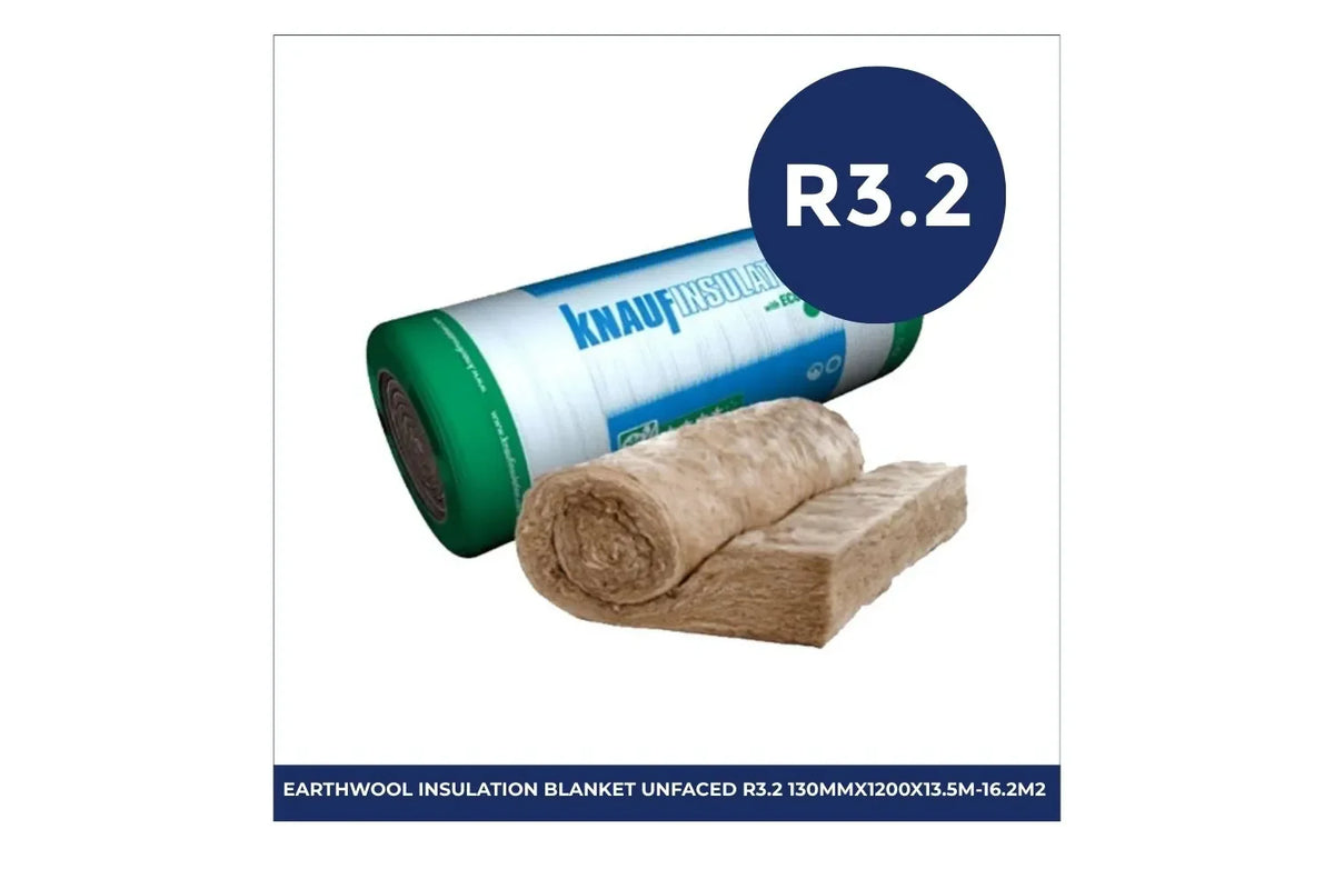 Roll of Knauf Earthwool unfaced insulation blanket with R3.2 thermal rating, measuring 130mm thick, 1200mm wide, and 13.5m long, covering 16.2m², designed for thermal insulation in roof and wall applications