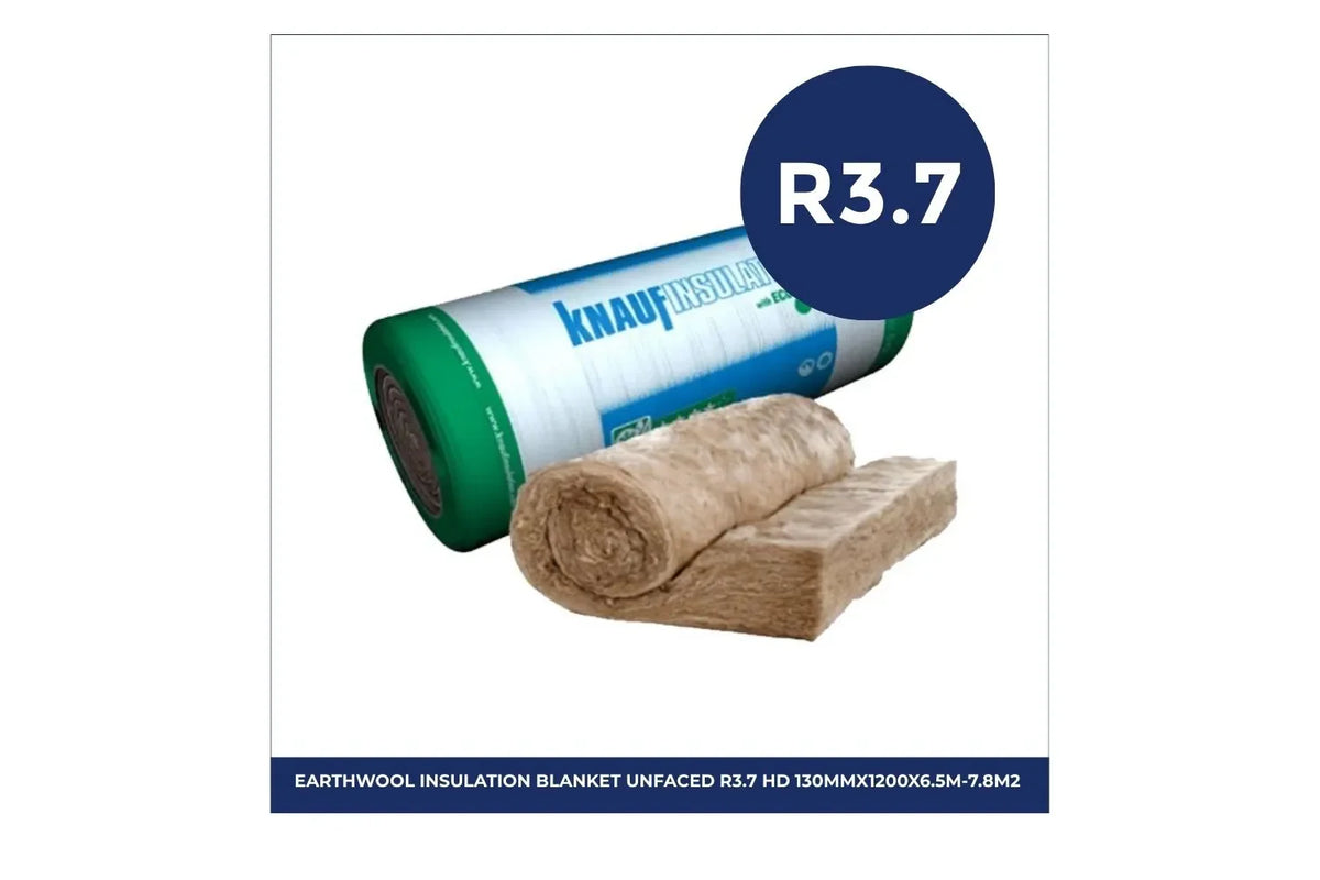Roll of Knauf Earthwool HD unfaced insulation blanket with R3.7 thermal rating, measuring 130mm thick, 1200mm wide, and 6.5m long, covering 7.8m², designed for high-performance thermal insulation in roof and wall applications