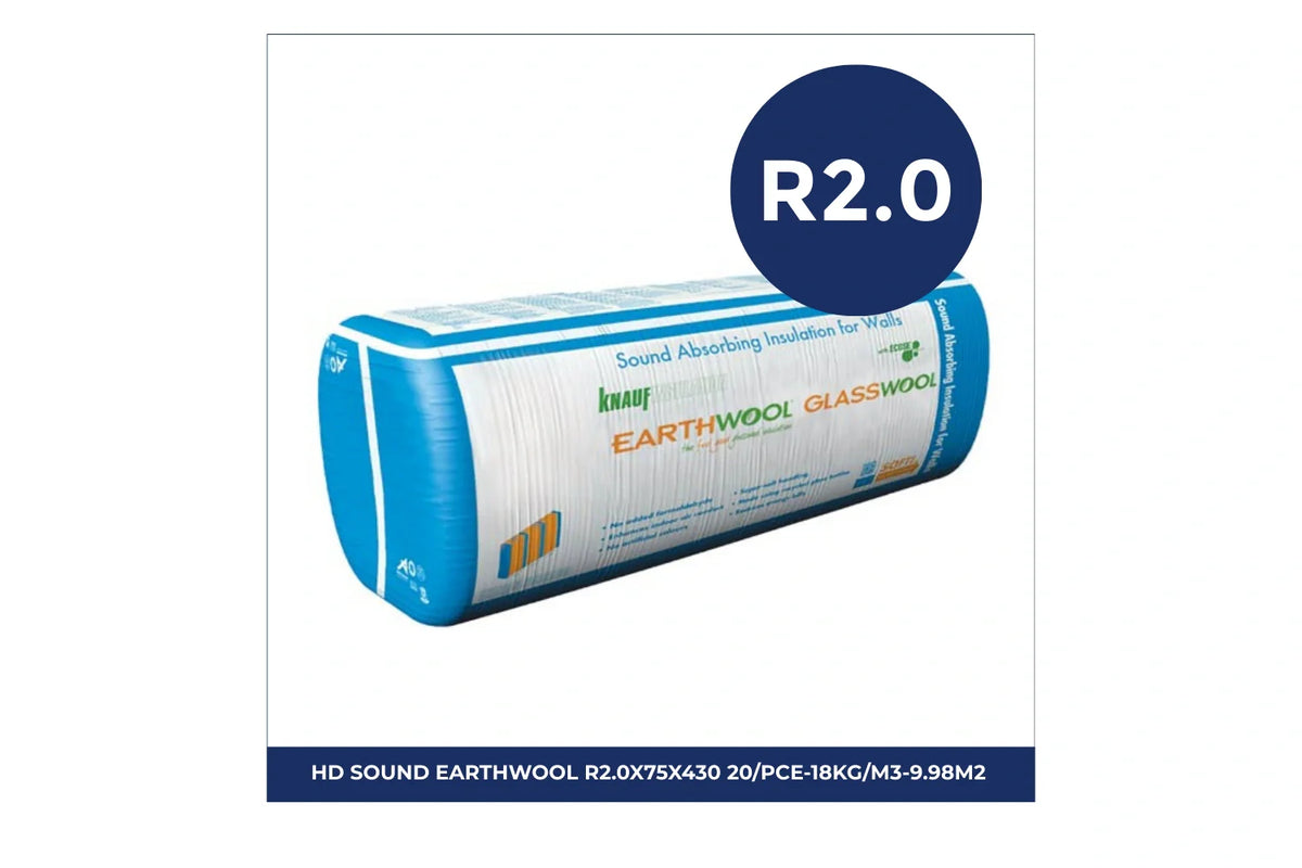 Pack of Knauf Earthwool Sound Shield insulation batts with R2.0 thermal rating and 18kg/m³ density, measuring 75mm thick and 430mm wide, 20 pieces per pack covering 9.98m², designed for thermal and acoustic insulation in wall and ceiling applications