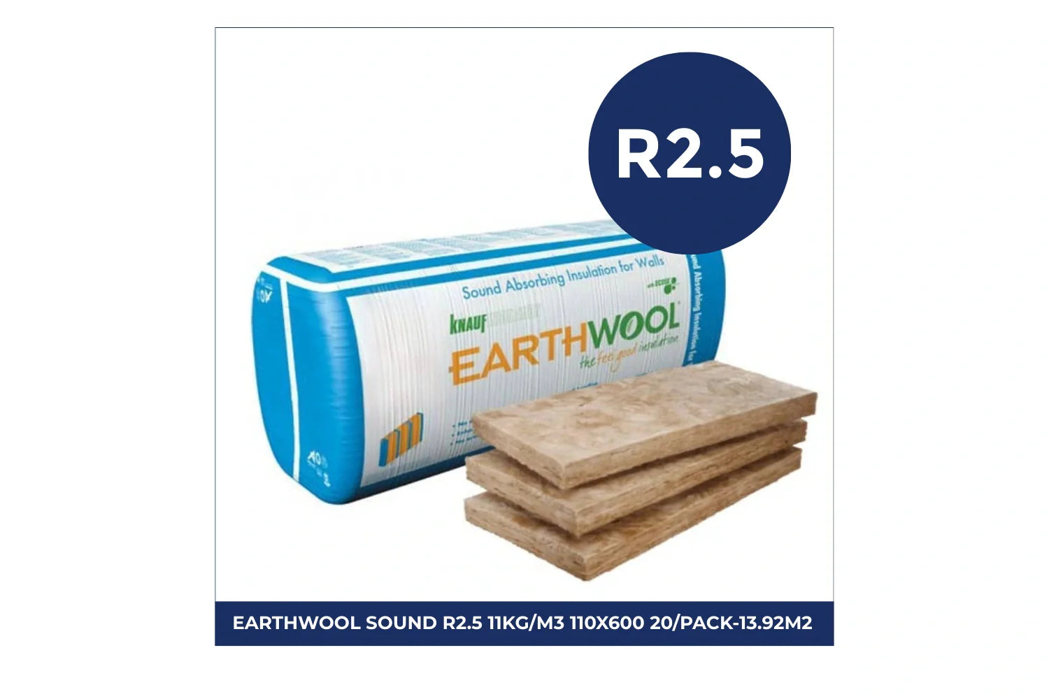 Pack of Knauf Earthwool Sound Shield insulation batts with R2.5 thermal rating and 11kg/m³ density, measuring 110mm thick and 600mm wide, 20 pieces per pack covering 13.92m², designed for thermal and acoustic insulation in wall and ceiling applications.