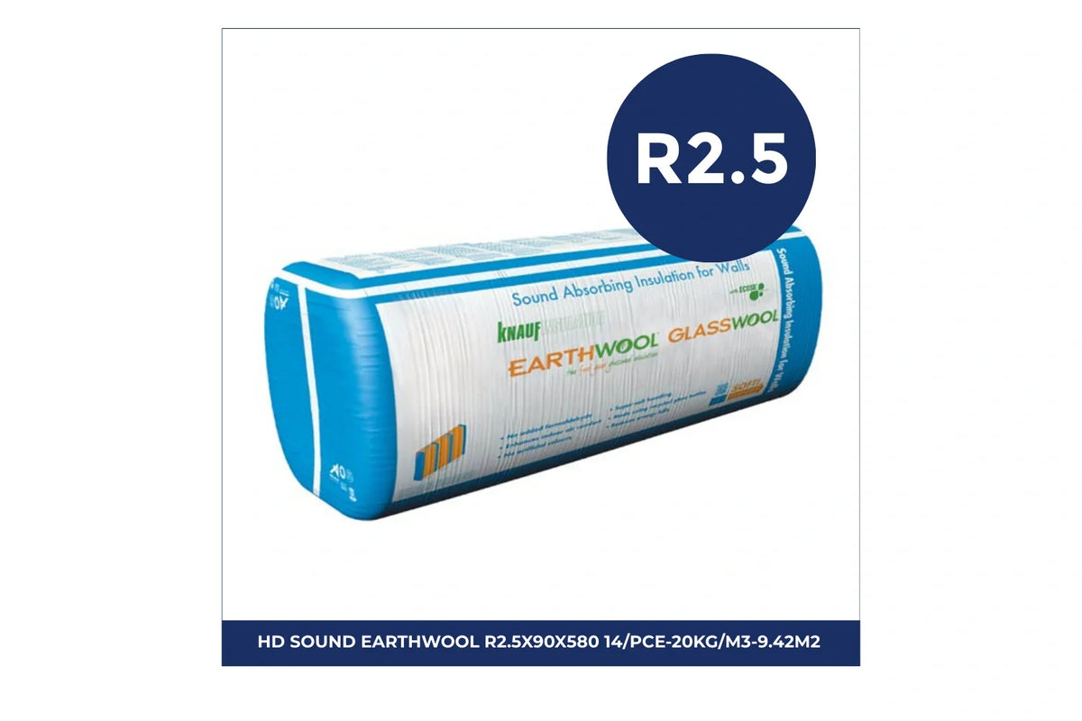 Pack of Knauf Earthwool Sound Shield insulation batts with R2.5 thermal rating and 20kg/m³ density, measuring 90mm thick and 580mm wide, 14 pieces per pack covering 9.42m², designed for thermal and acoustic insulation in wall and ceiling applications
