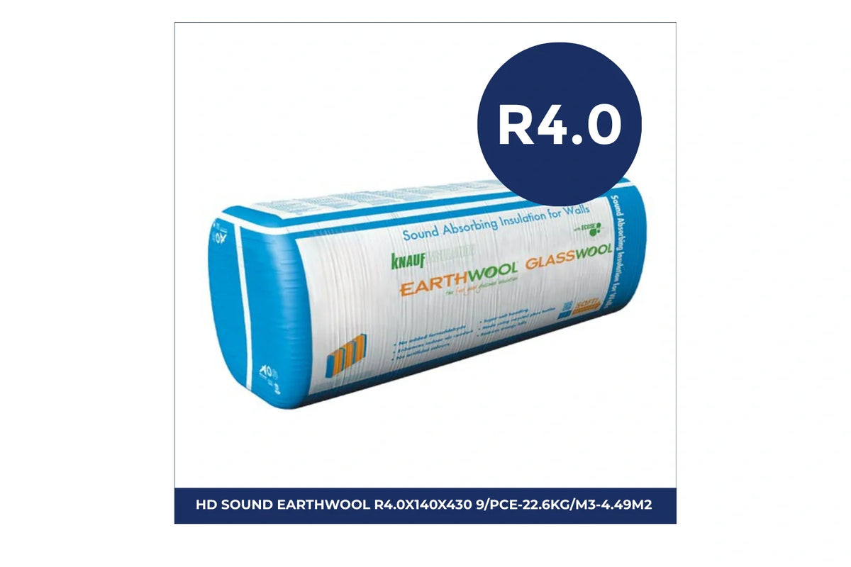 Pack of Knauf Earthwool Sound Shield insulation batts with R4.0 thermal rating and 22.6kg/m³ density, measuring 140mm thick and 430mm wide, 9 pieces per pack covering 4.49m², designed for thermal and acoustic insulation in wall and ceiling applications.