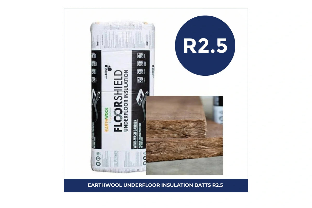 Pack of Floorshield R2.5 underfloor insulation batts, 90mm thick, 420mm wide, and 1160mm long, 11 pieces covering 5.36m², designed to provide thermal insulation for underfloor applications