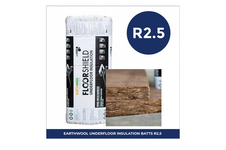 Pack of Floorshield R2.5 underfloor insulation batts, 90mm thick, 420mm wide, and 1160mm long, 11 pieces covering 5.36m², designed to provide thermal insulation for underfloor applications