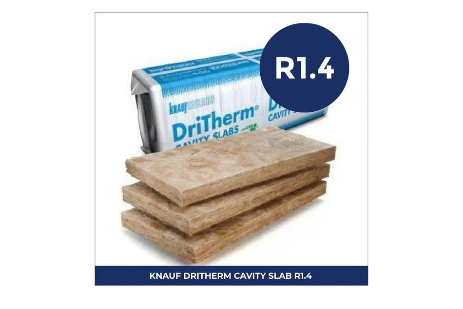 Pack of Knauf DriTherm Cavity Slab R1.4 insulation batts, measuring 50mm x 600mm x 1100mm, 8 pieces covering 5.28m², designed for thermal insulation in wall cavity applications