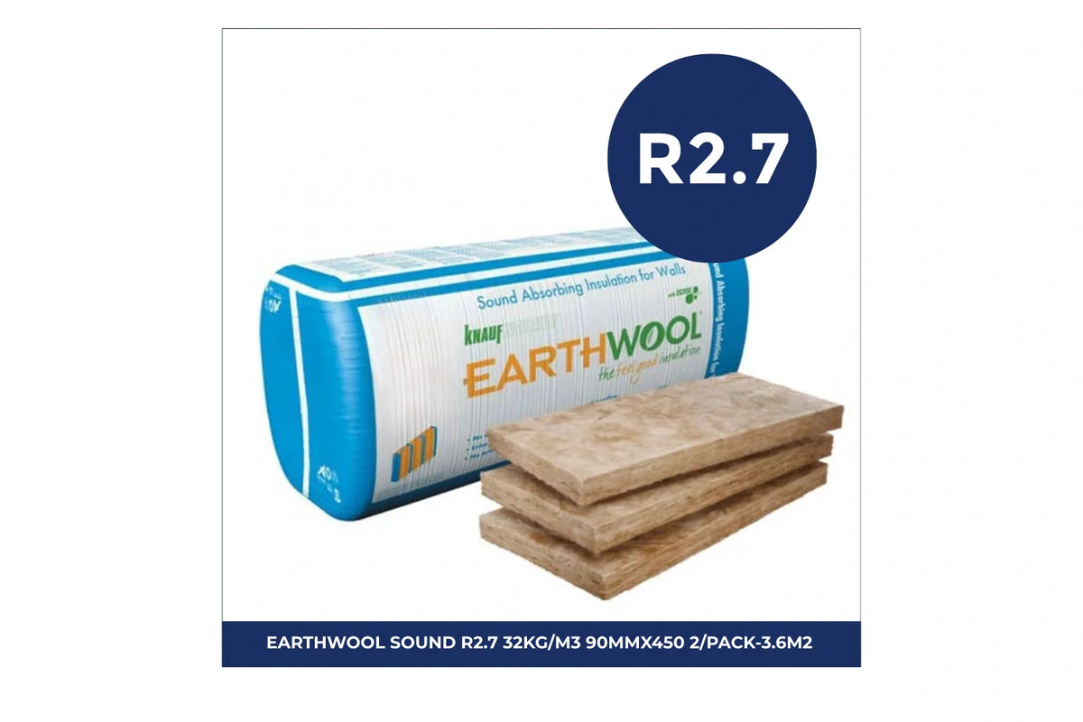 Pack of Knauf Earthwool Sound insulation batts with R2.7 thermal rating and 32kg/m³ density, measuring 90mm thick and 450mm wide, 2 pieces covering 3.6m², designed for thermal and acoustic insulation in wall and ceiling applications
