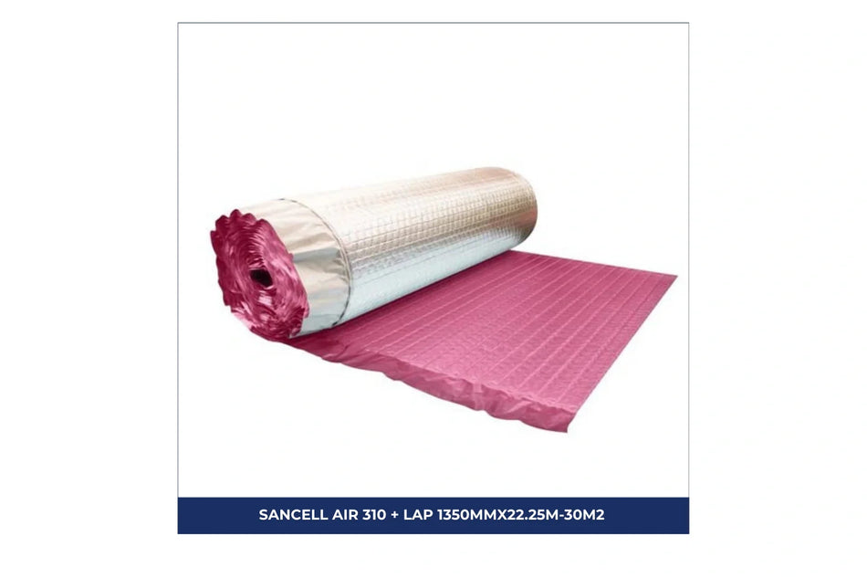 Roll of Sancell Air 104 + Lap reflective foil insulation, measuring 1350mm x 22.25m with 30m² coverage, designed to provide reflective thermal insulation and reduce heat transfer in building applications