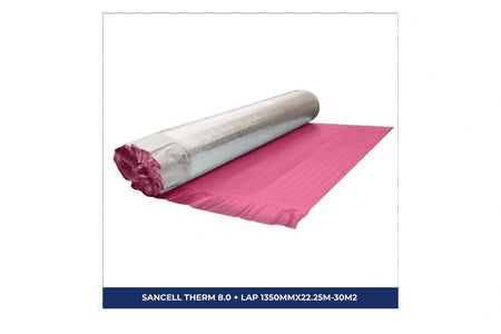 Roll of Sancell Therm 8.0 + Lap foil insulation, measuring 1350mm x 22.25m with 30m² coverage, designed to provide reflective thermal insulation and reduce heat transfer in building applications