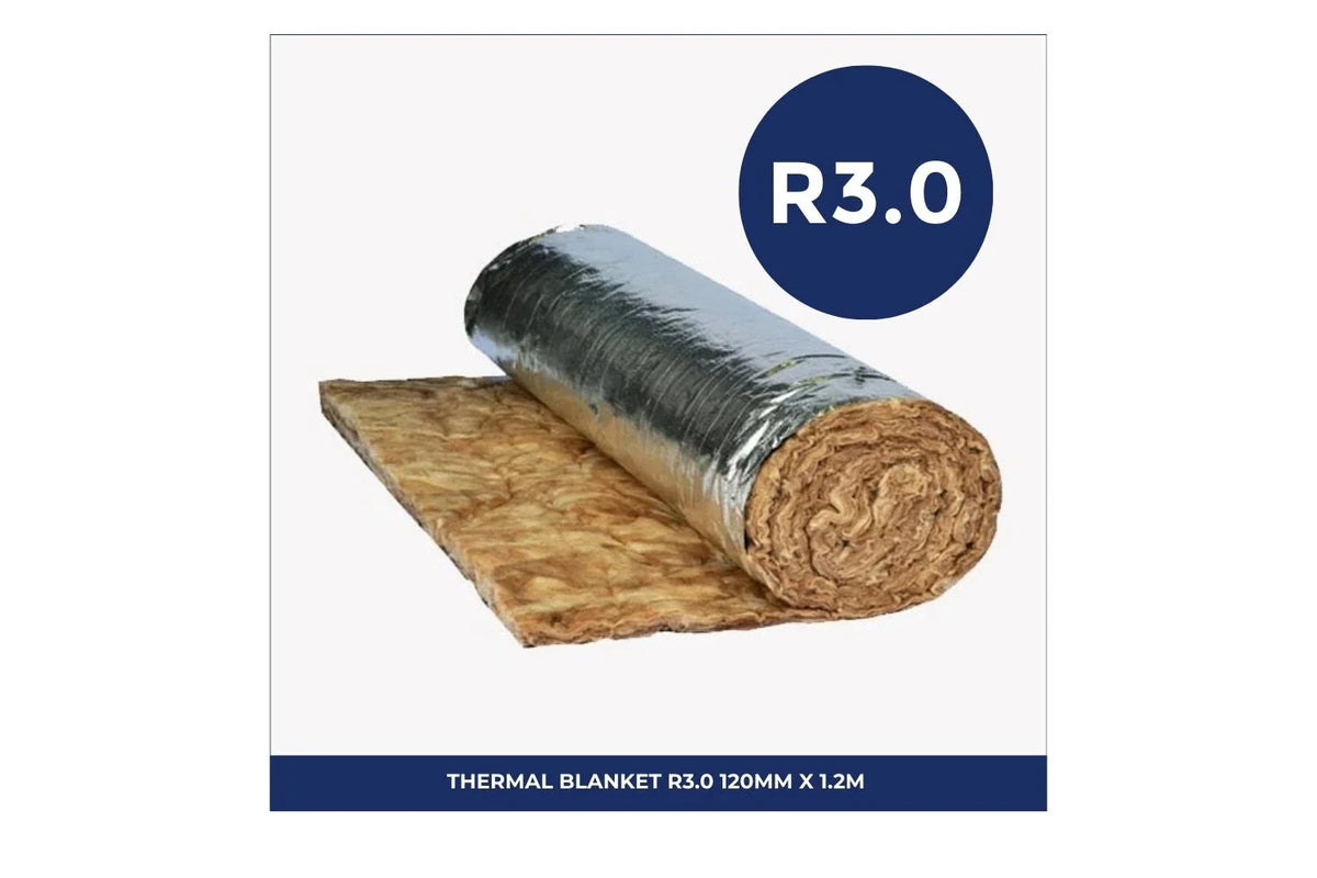 Thermal roof insulation blanket with R3.0 rating, measuring 120mm thick and 1.2m wide, designed to improve thermal performance and energy efficiency in roofing systems