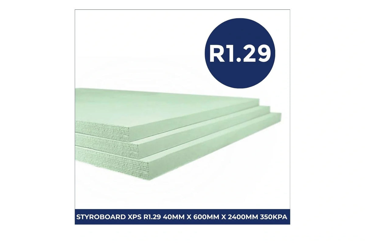 Styroboard XPS insulation board for under-slab and thermal insulation applications, measuring 40mm x 600mm x 2400mm with R1.29 thermal rating and 350kPa compressive strength