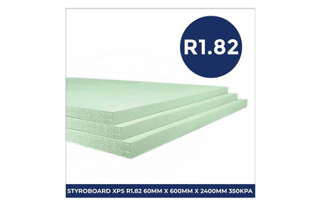 Styroboard XPS insulation board for under-slab and thermal insulation applications, measuring 60mm x 600mm x 2400mm with R1.82 thermal rating and 350kPa compressive strength.