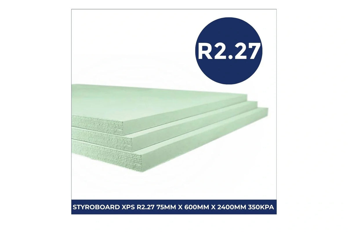 Stack of green Styroboard XPS under-slab insulation boards by Battmans Australia, measuring 75mm x 600mm x 2400mm with R2.27 thermal rating and 350kPa compressive strength, designed for concrete slab insulation applications