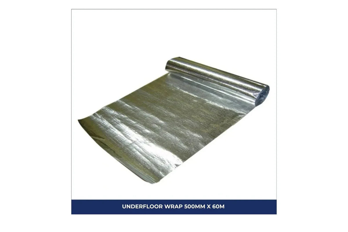 Roll of reflective foil underfloor insulation wrap, measuring 500mm wide and 60m long, designed to improve thermal performance and reduce heat transfer beneath flooring systems